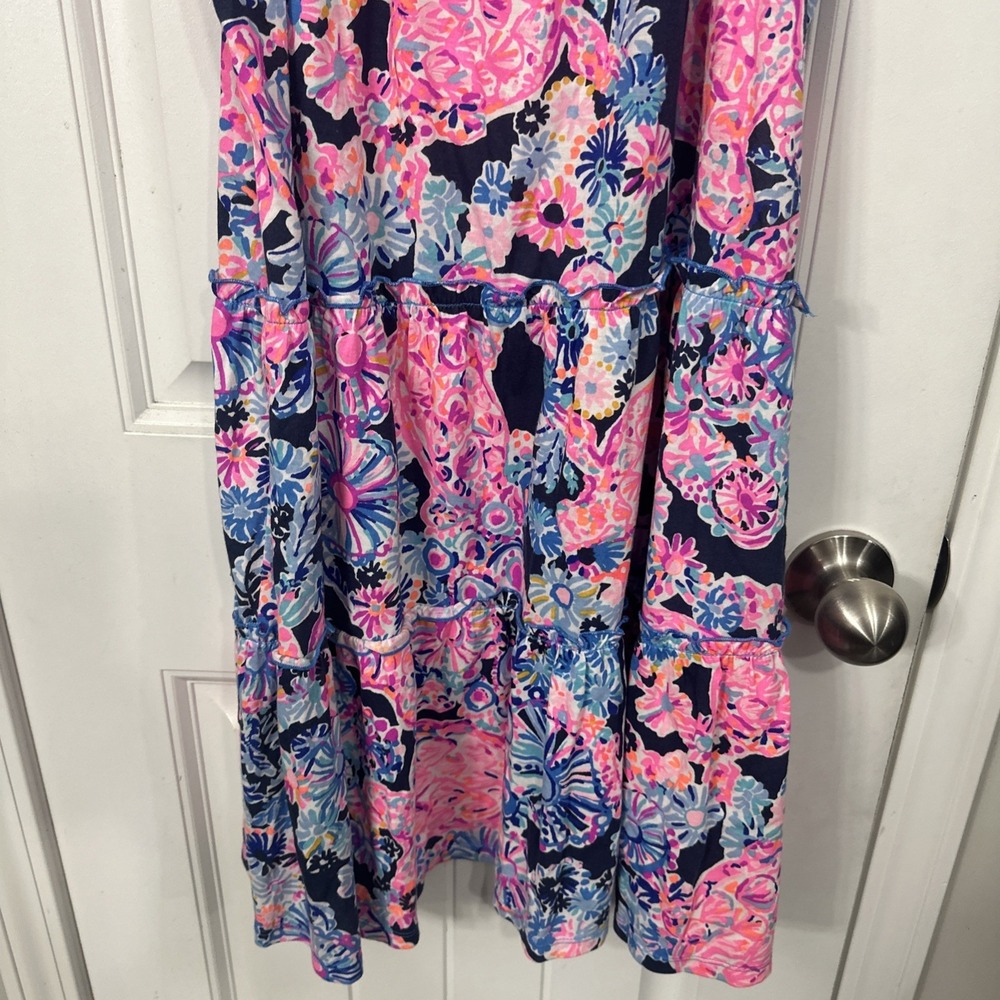 Lilly Pulitzer Loro Swing Dress Womens Sz M Blue High Tide Floral Pink Tiered - Picture 7 of 9